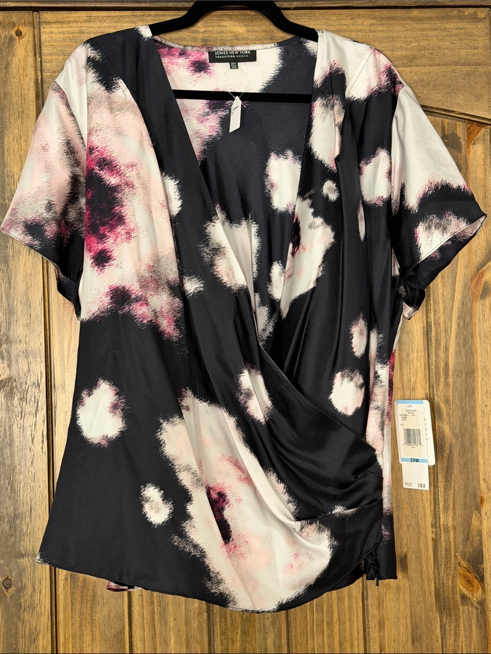Jones New York Black, White & Pink Abstract Wrap Front Blouse